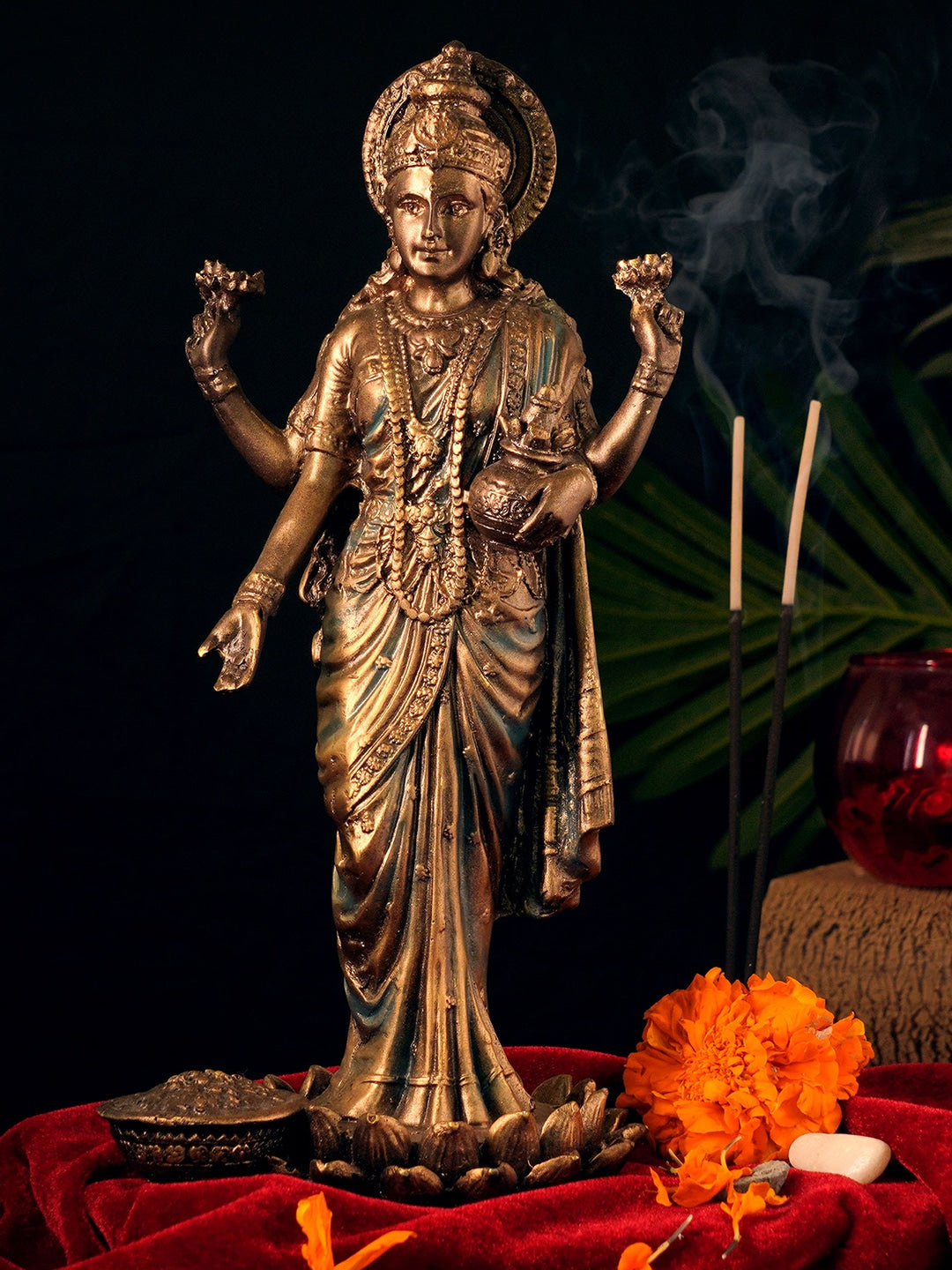 Buy | Gold-toned Standing Laxmi On Lotus Idol | Tied Ribbons