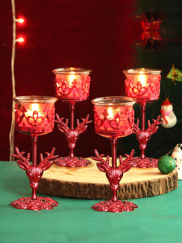 Christmas Red Deer Glass Candle Light Set of 4