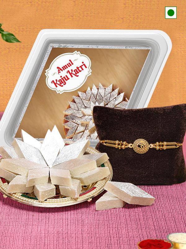 Premium Om Rakhi with Kaju Katli Gift Pack Mini Greeting Card and Roli Chawa