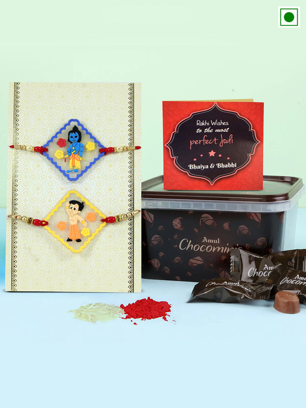 Cartoon Krishna Chota Bheem Rakhi Set of 2 for Kids Boys Baby Brother with Amul Chocominis Chocolate Box Card and Roli Chawal