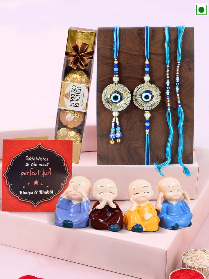 Fancy Family Rakhi Set | Chocolate Box | Monk Buddha Statue (Set of 4) | Card & Roli Chawal