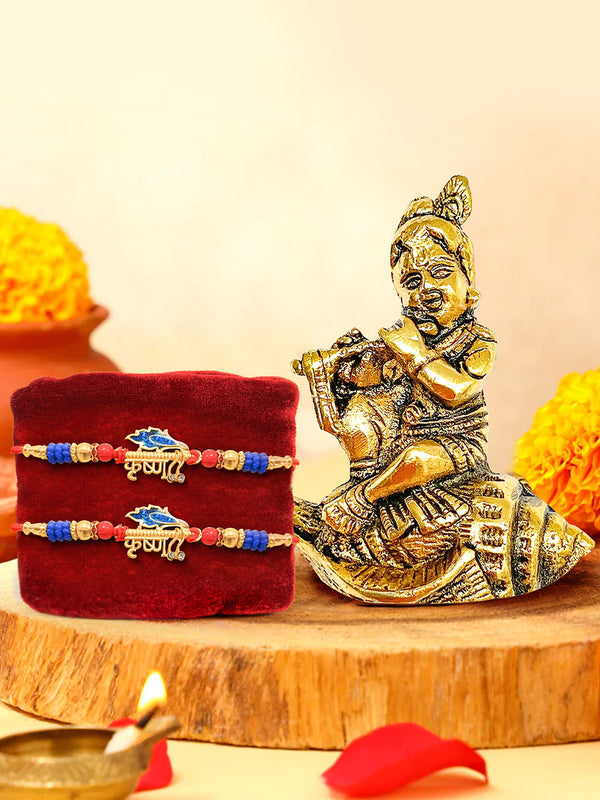 Set of 2 Krishna Rakhi for Brother and Bansuri Krishna Idol  | Mini Card & Roli Chawal Tika