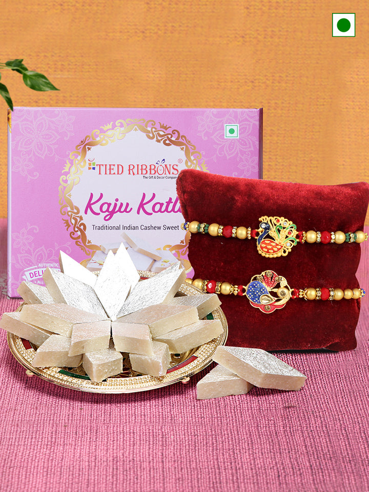 Set of 2 Peacock Rakhi with Kaaju Katli | Rakhi Card & Roli Chawal Tika