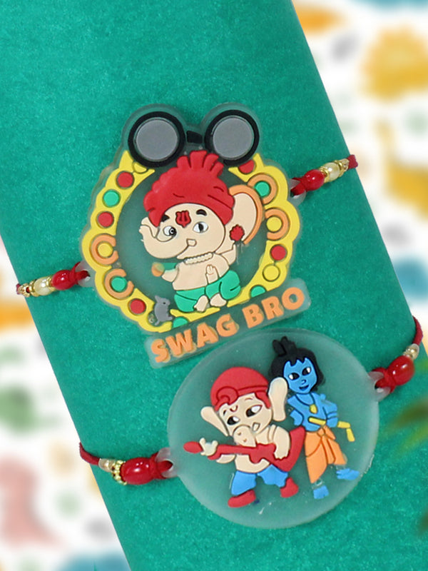 Rakhi for Kids Boy - Set of 2 Premium Cartoon Bracelet Ganesha Rakhi for Kids Boys Baby Brother with Greeting Card and Roli Chawal