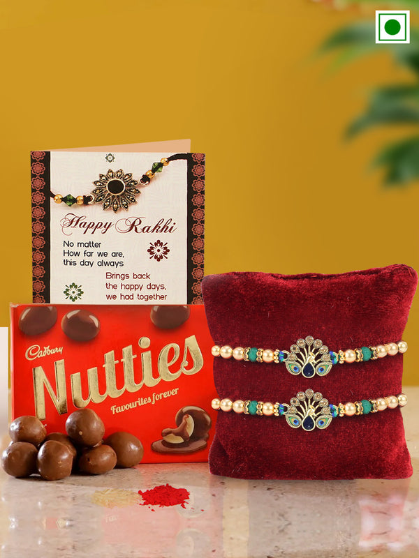 Set of 2 Premium Peacock Rakhi with Cadbury Nutties Chocolate Box Card & Tikka