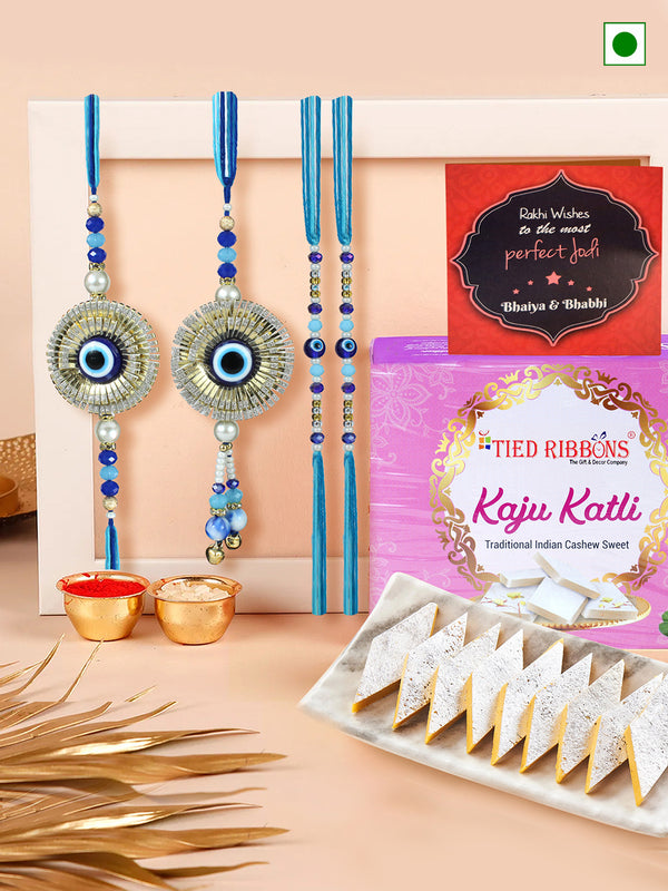 Evil Eye Family Rakhi Set with Kaju Katli | Wishes Card | Roli Chawal Tika