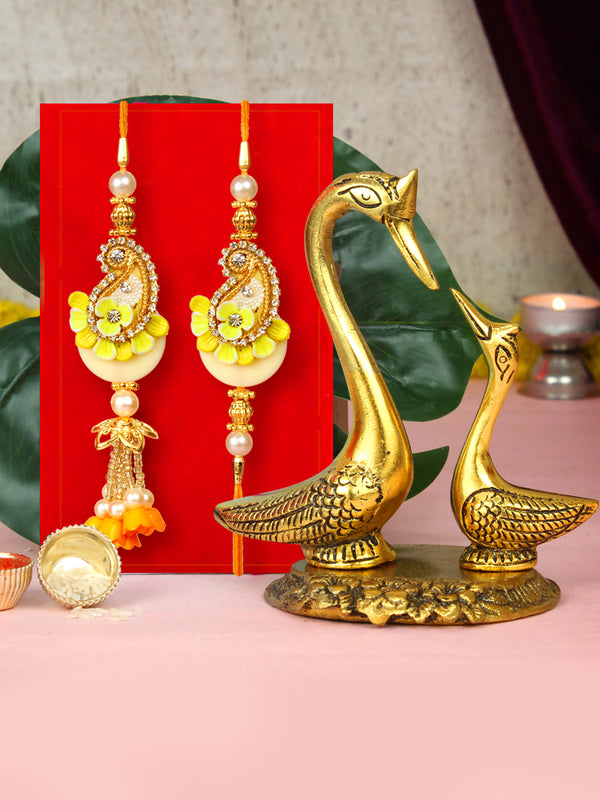 Rakhi for Brother and Bhabhi with Gift Set Swan Figurine | Mini Card and Roli Chawal Tika