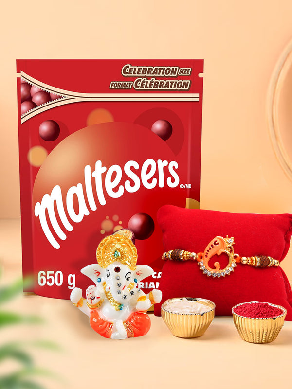 Lord Ganesha Rakhi With MALTESERS, Milk Chocolate & Ganesha Idol