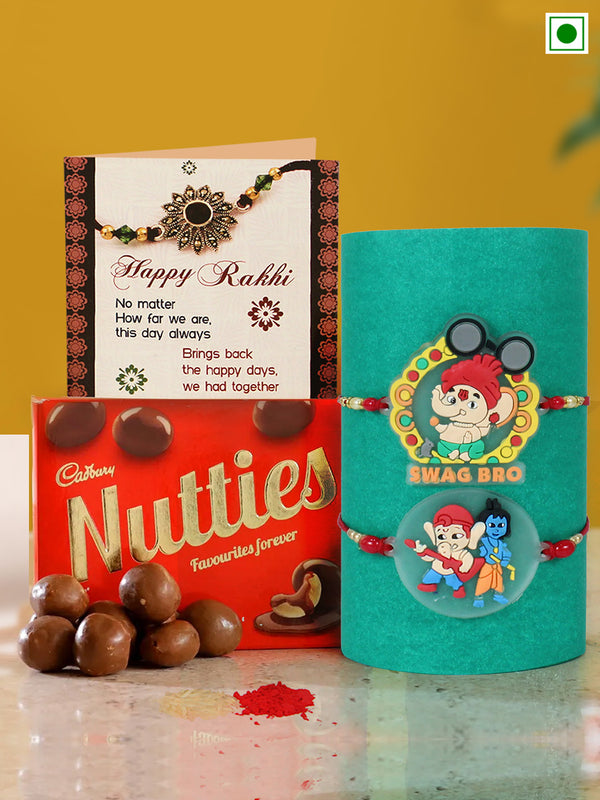 Rakhi for Kids with Chocolate Gift Combo - Ganesha Cartoon Rakhi Set of 2 for Kids Boys