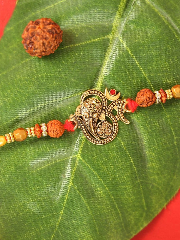 Beaded Om Rakhi with Greeting Card & Roli Chawal