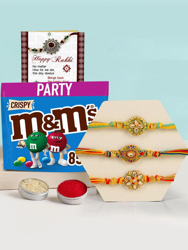 Striking Multicoloured Pearl And Meena Rakhi (Set Of 3) With M&M'S Crispy Milk Chocolate Party Bulk Bag