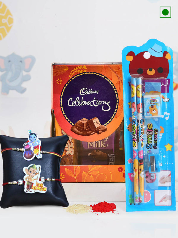 Pack of 2 Kids Rakhi | Chocolate | Stationary Kit combo | Card & Roli Chawal Tika