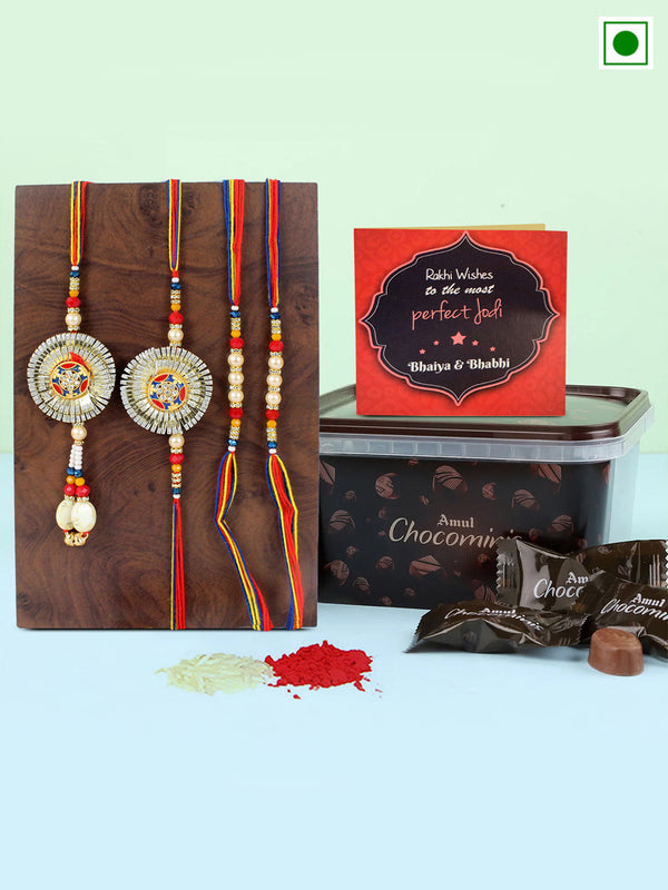 Premium Bhaiya Bhabhi Kids Family Rakhi Set of 4 with Chocolate Box Card & 1 Roli Chawal Hamper