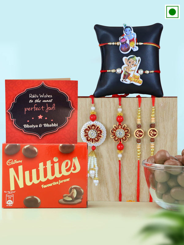 Set of 6 Premium Family Rakhi with Cadbury Nutties Chocolate Box Card & 1 Tikka