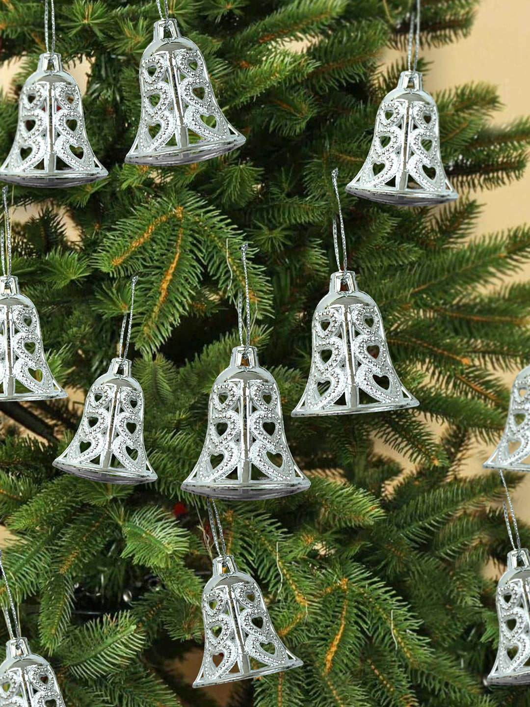 Buy Pack Of 12 Christmas Tree Decoration Items Silver Bells Tied