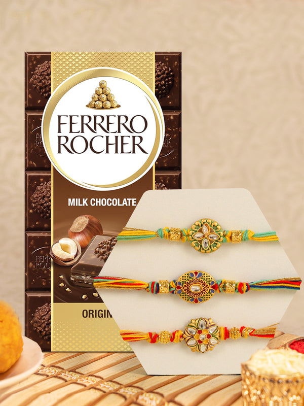 Classic Kundan Rakhi Set Of 3 With Ferrero Rocher Original Milk Chocolate Bar