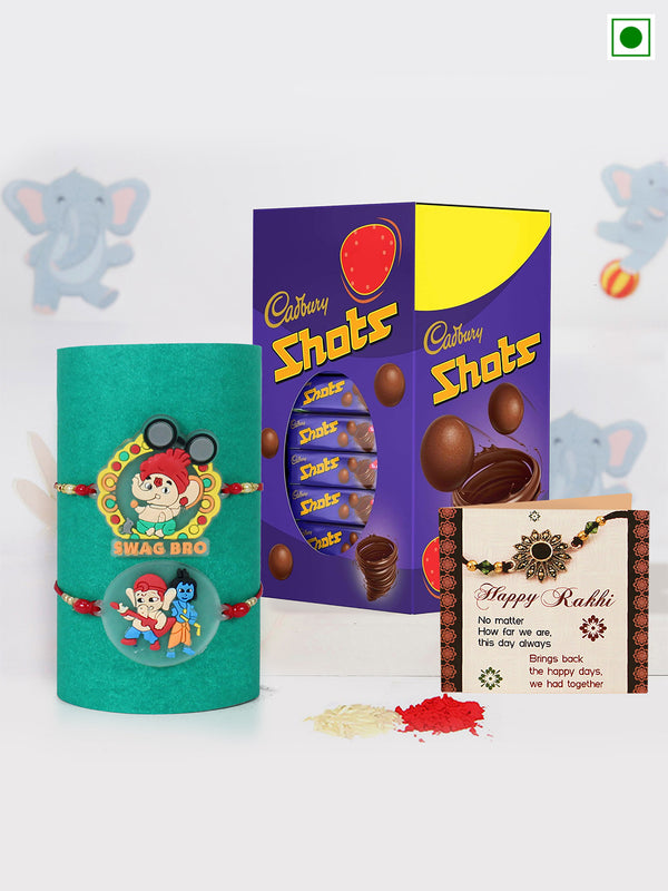 Rakhi Gift for Kids with Chocolates Hamper - Set of 2 Cartoon Ganesha Rakhi