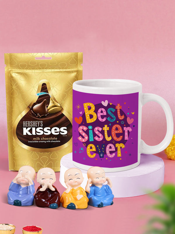 Rakshabandhan Gift for Sister - Chocolate Printed Coffee Mug and Mini Monk Buddha Idol Statue