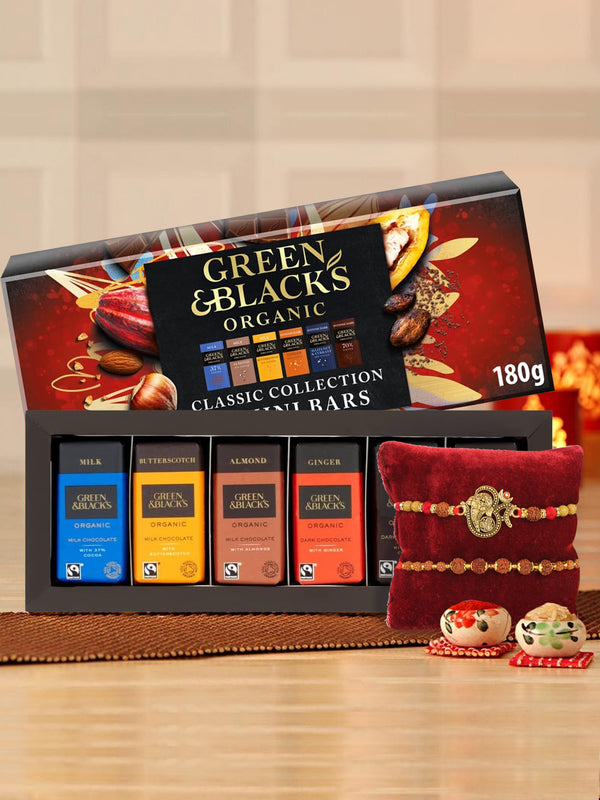 Rudraksh Rakhi Set of 2 With Green & Black's Organic Classic Milk & Dark Miniature Chocolate