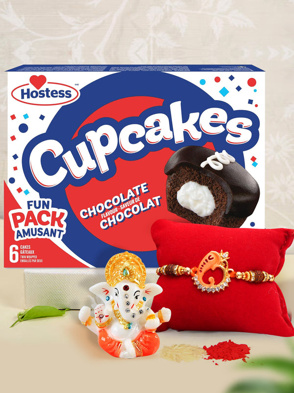 Meenakari Ganesha Rakhi With Hostess Chocolate Flavour Cupcakes & Ganesha Idol