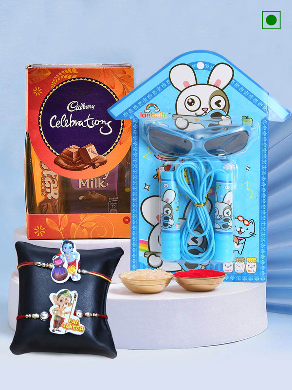 Set of 2 Kids Rakhi with chocolates, Glass and Jumping Rop Gift Set