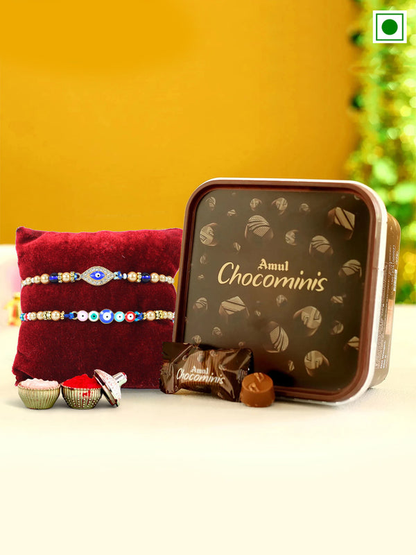 Set of 2 Premium Evil Eye Rakhi with Chocolate Box Card & Roli Chawal