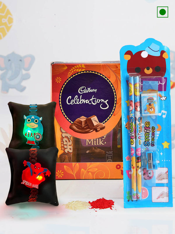 Pack of 2 Led Light Kids Rakhi | Chocolate | Stationary Kit combo | Card & Roli Chawal Tika