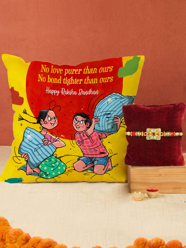 Designer Rakhi with Printed Cushion | Rakhi Card | Roli Chawal Chandan Pack