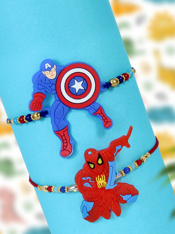 Rakhi for Kids Boy - Set of 2 Premium Cartoon Spiderman Captain America Superhero Rakhi for Kids Boys Baby Brother with Greeting Card and Roli Chawal