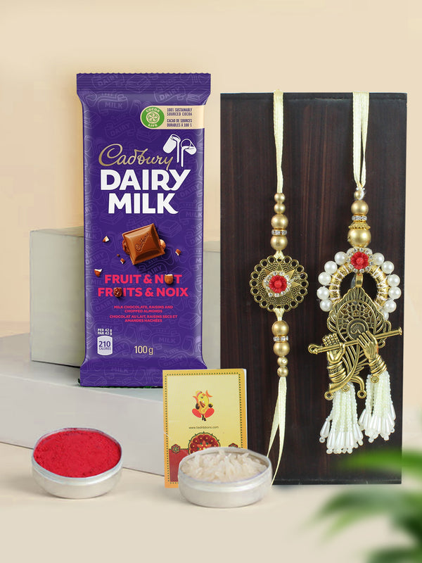 Traditional Meenakari Bhaiya Bhabhi Rakhi With Cadbury Dairy Milk, Fruit and Nut, Milk Chocolate