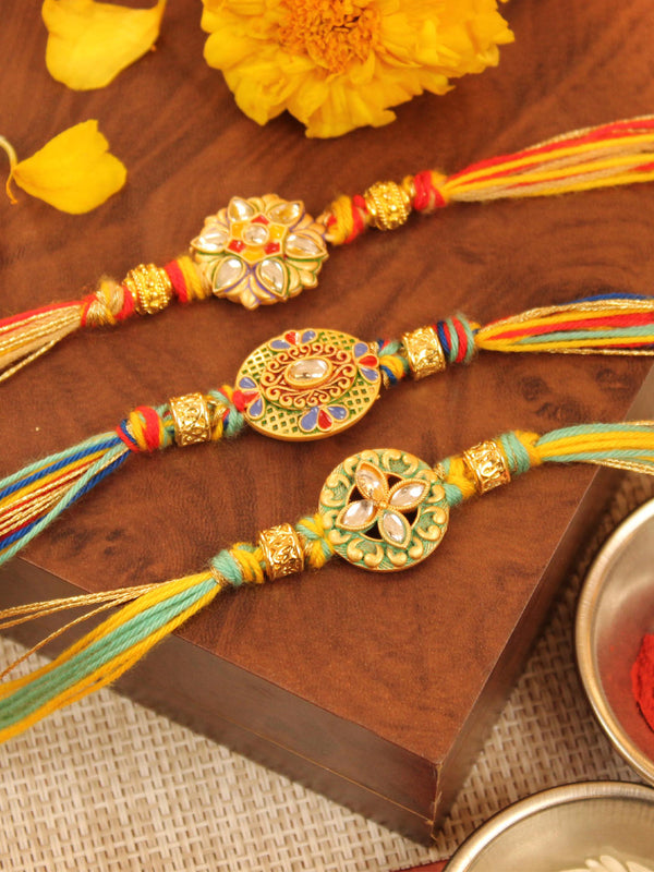 Set of 3 Rakhi Set for Brother with Greeting Card and Roli Chawal Tika