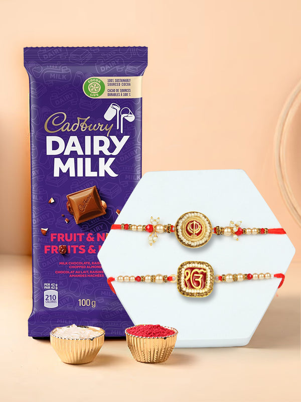 Artisanal Semiprecious Rakhi - Set of 2 With Cadbury Dairy Milk, Fruit and Nut, Milk Chocolate