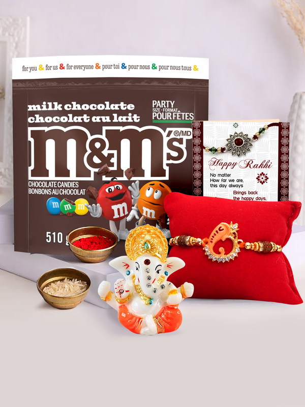 Enchanting Ganesha Rakhi With M&M'S, Milk Chocolate Candies & Ganesha Idol