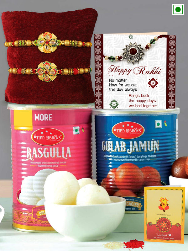 Set of 2 Designer Rakhi with Sweets ( Gulab Jamun & Rasgulla )| Rakhi Card | Roli Chawal Tika