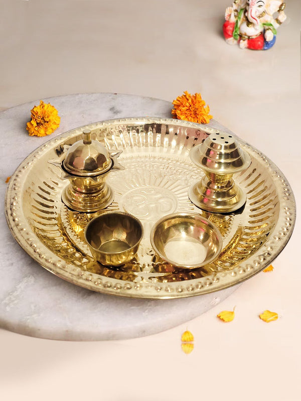 Gold Toned Pooja Thali With Attached Incense Diya Tilak Holder