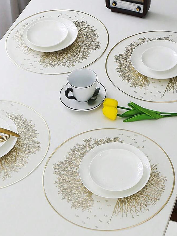 4 Pieces White & Gold-Toned Floral Embellished Round Table Placemats