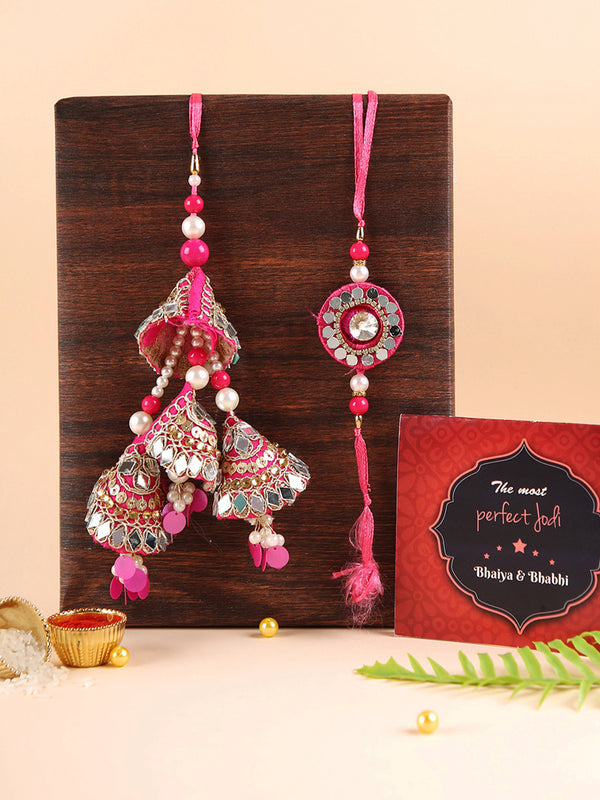 Set of 2 Stone Rakhi for Bhaiya Bhabhi, Card and 1 Roli Chawal Gift