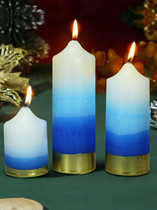 Pack of 3 Pillar Blue Candles Gardenia Scented