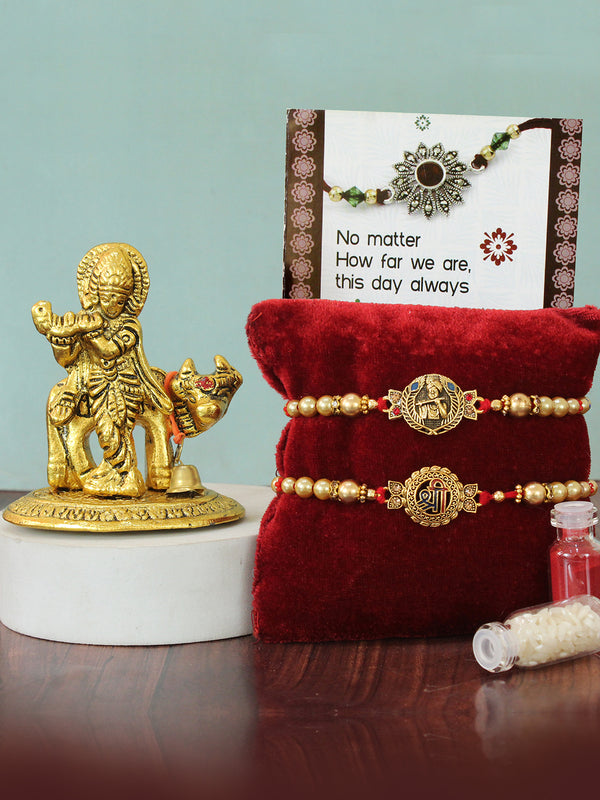 Set of 2 Rakhi for Brother | Cow Krishna Idol Statue | Rakhi Card & Roli Chawal Tika