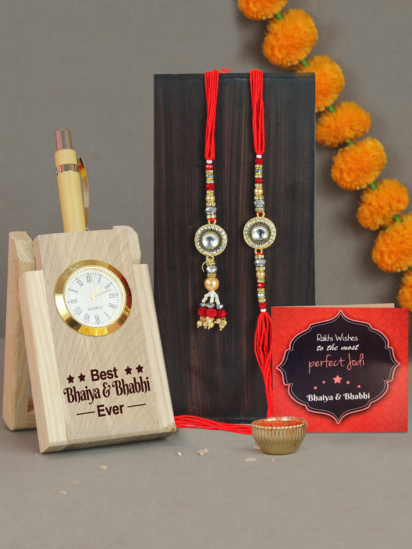 Designer Bhaiya-Bhabhi Rakhi with Pen & Pen Stand | Wishes Card and Roli Chawal Tika