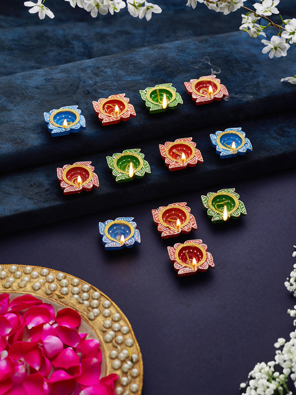 Set Of 12 Hand Painted Clay Diyas