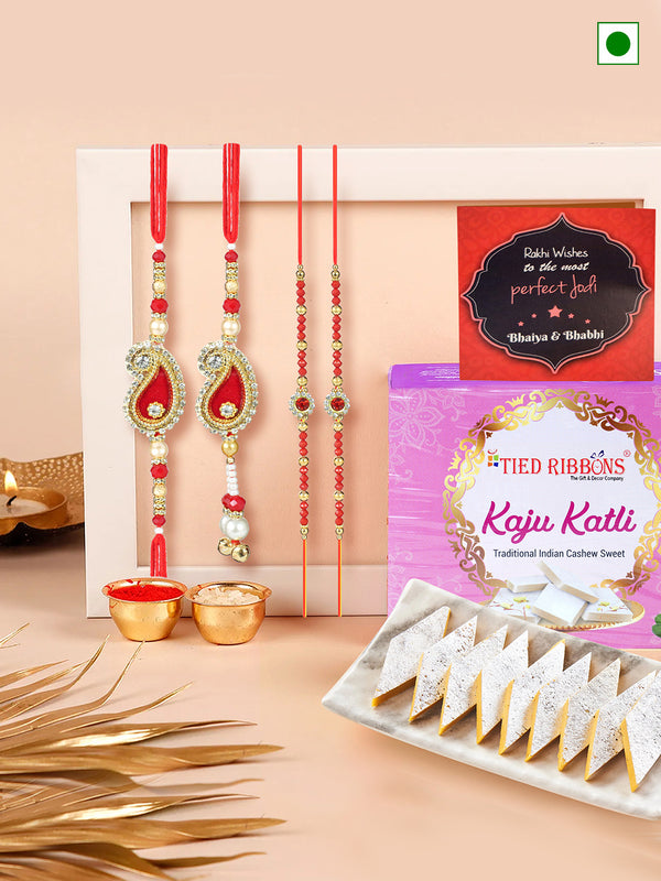 Premium Family Rakhi Set with Kaju Katli Gifr Box | Wishes Card | Roli Chawal Tika 