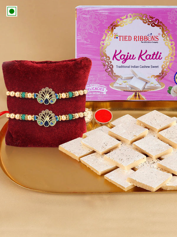 Set of 2 Peacock Rakhi with Kaju Katli | Rakhi Card | Roli Chawal Tika