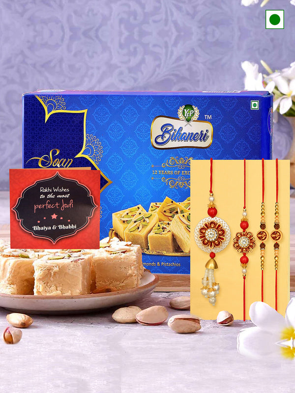 Premium Family Rakhi Set for Bhaiya-Bhabhi & Bhatija with Soan Papdi, Card and Tika