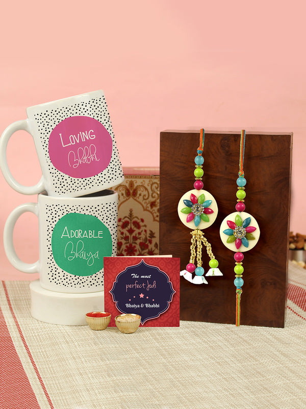 Bhaiya- Bhabhi Rakhi With Set of 2 Coffee Mug | Rakhi Card | Roli Chawal Tika