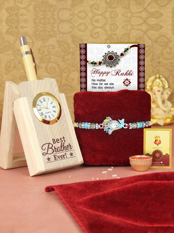 Designer Peacock Rakhi for Brother with Gift Wooden Pen Stand with Pen and Mini Card