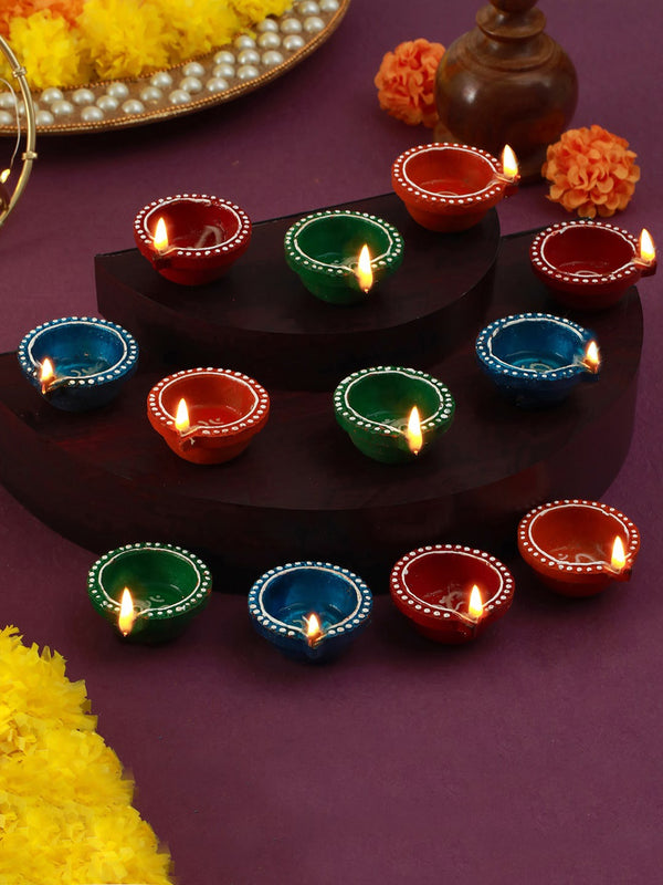 Red & Blue 12 Pieces Clay Diwali Diyas