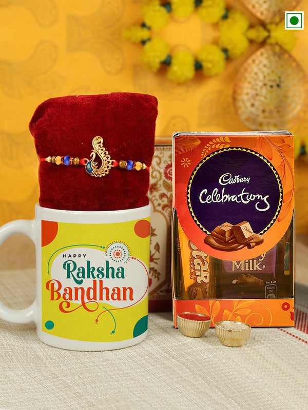 Peacock Rakhi With Chocolate Mug & Greeting Card With Roli Chawal