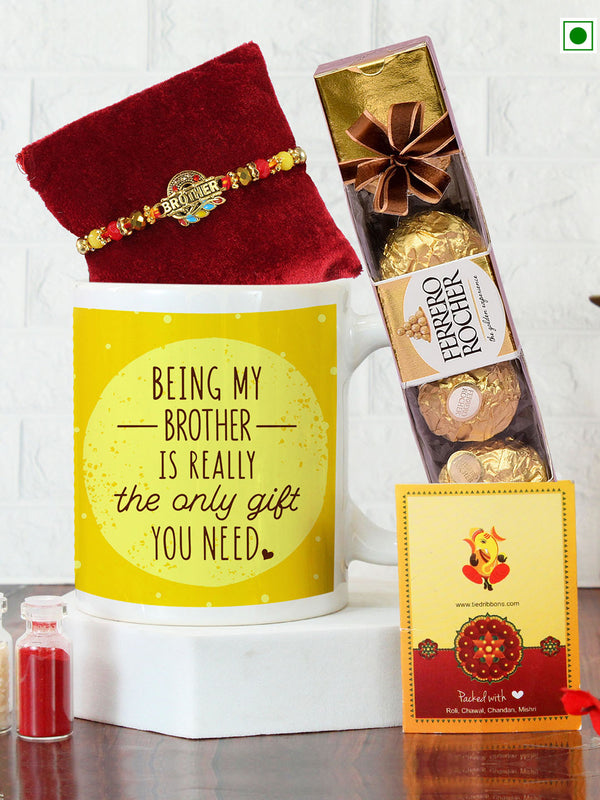 Beaded Rakhi with Chocolate & Mug with Card & Roli Chawal