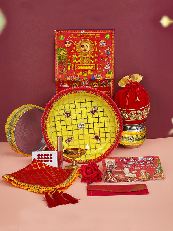 Yellow Beautifully Embroidered Karwa Chauth Pooja Thali Set